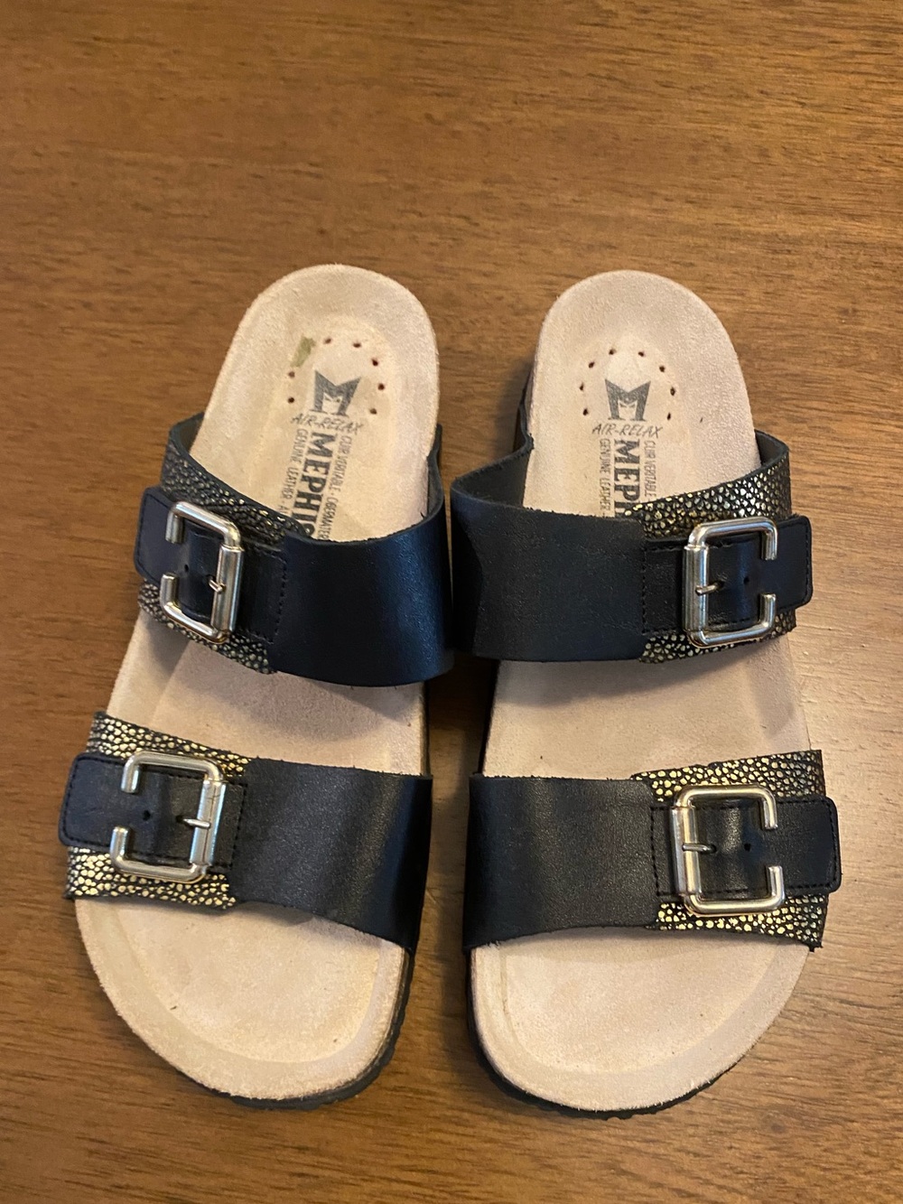 Mephisto  Black Double Buckle Slide Sandals with Metallic Accents